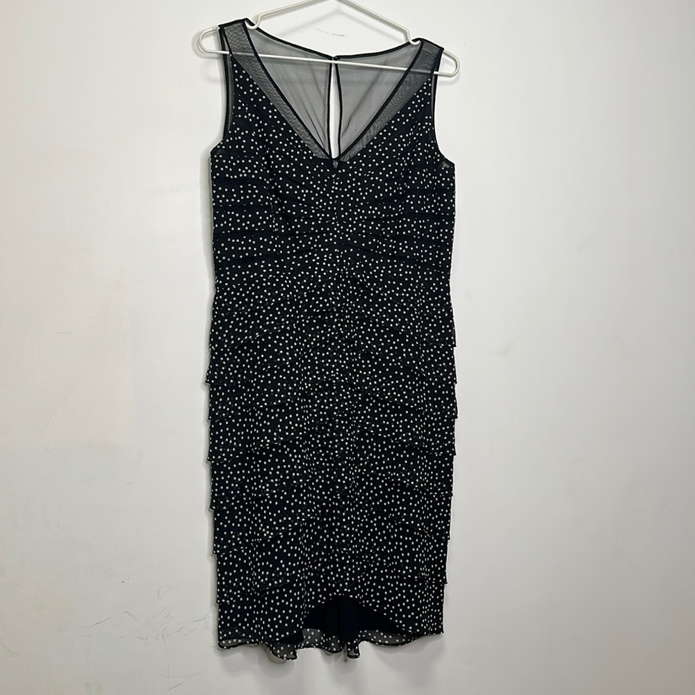 ADRIANNA PAPELL | Black and White V-Neck Polka Dot Dress with Layers